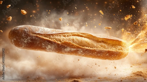 Exploding bread with golden sparks and flying crumbs in a dramatic setting
