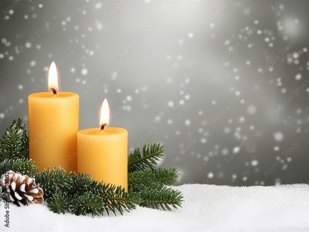 Two lit yellow candles adorned with pine branches and a pine cone, set against a softly falling snow background, creating a warm, festive atmosphere. Two lit yellow candles adorned with pine branches and a pine cone, set against a softly falling snow background, creating a warm, festive atmosphere.
