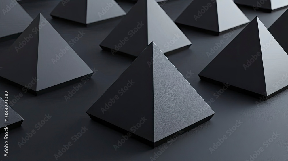 Abstract black pyramids arranged on a dark surface Abstract black pyramids arranged on a dark surface