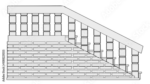 a drawing of a staircase with a banister and a handrail, stairs, stairway, railing, large staircase, staircase, isometric staircase, heavy outlines, height realistic details, detail structure