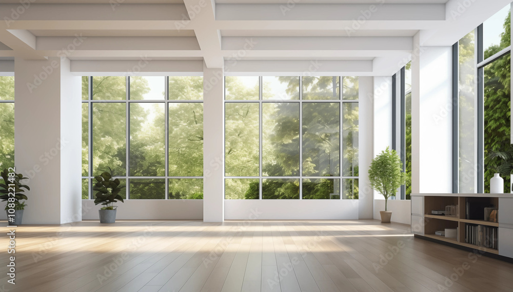 Modern White Room with Large Windows and Green View Modern White Room with Large Windows and Green View