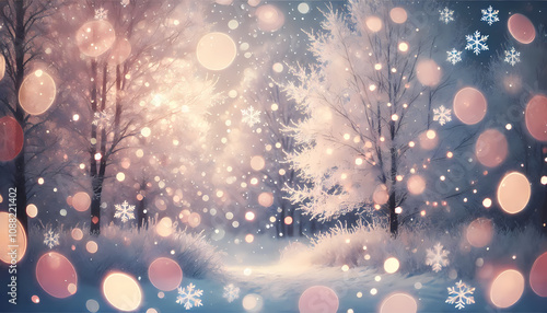 Magical Winter Wonderland – Soft Glowing Snowflakes and Bokeh Lights in a Peaceful Snowy Forest Setting, Creating a Dreamy Holiday Atmosphere