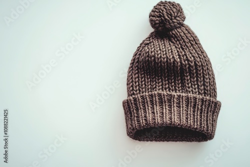 Cozy Brown Knitted Beanie with Pom-Pom on Light Background for Winter Fashion, Accessories, and Casual Style Options for Men and Women