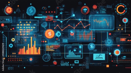 Futuristic Digital Interface with Data Visualization, Graphs, Charts, and Financial Symbols Depicting Advanced Technology in Market Analysis and Prediction