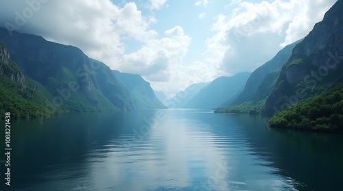 Majestic Fjord Landscape: "A breathtaking fjord with steep cliffs and calm, deep blue waters under a partly cloudy sky, surrounded by lush green forests; dramatic, peaceful, ultra-high resolution."