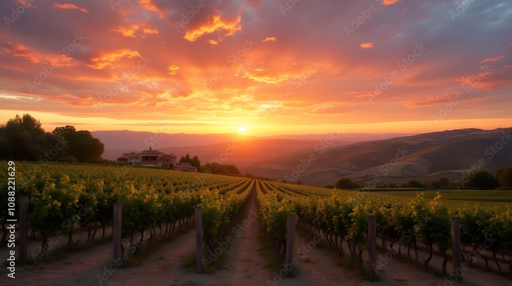 Mediterranean Vineyard at Sunset: Mediterranean Vineyard at Sunset: