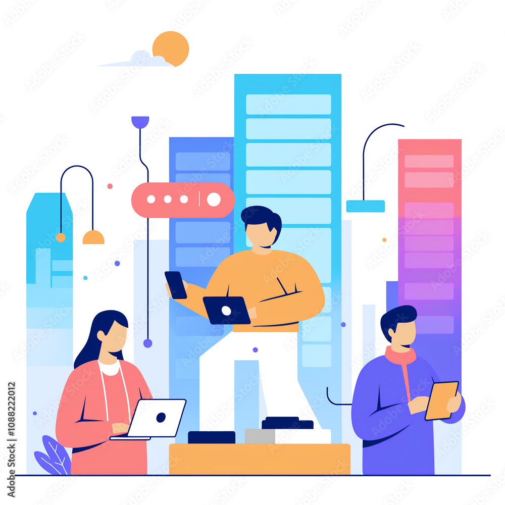 Fototapeta premium Robot concept set. Artificial intelligence and human synergy. Robot for people assistance. AI as a part of people life, future technology concept. Flat vector illustration 