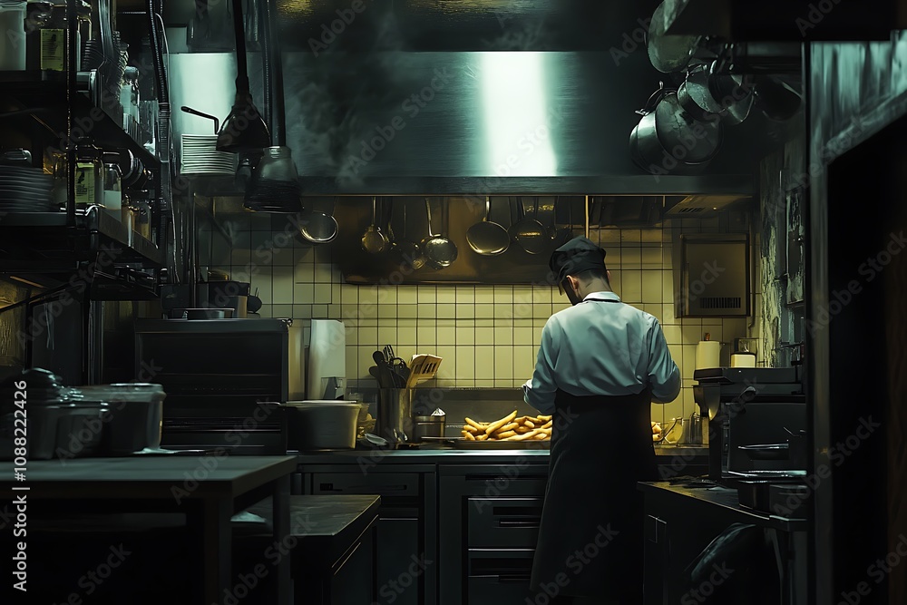 A chef prepares food in a dimly lit restaurant kitchen. A chef prepares food in a dimly lit restaurant kitchen.
