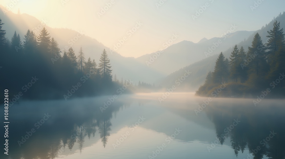 Fototapeta premium Serene Lake with Mist and Pines: 