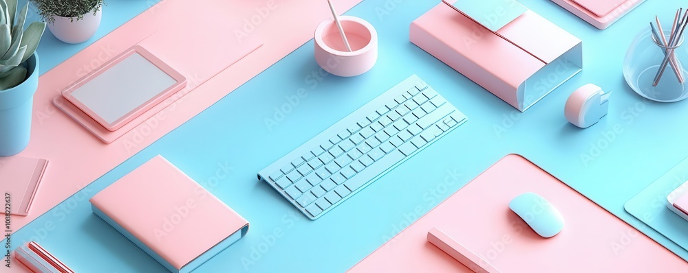 A modern, pastel-themed workspace featuring a keyboard, mouse, notebooks, and decorative items in pink and blue colors.
