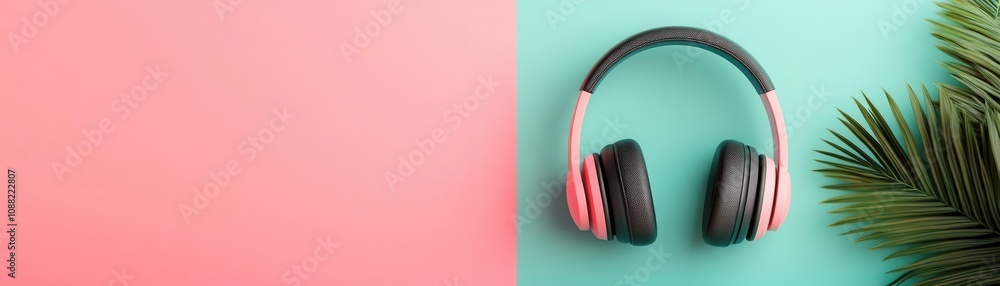 A pair of stylish headphones rests on a vibrant pink and teal background, accompanied by a tropical leaf for a fresh, modern aesthetic. A pair of stylish headphones rests on a vibrant pink and teal background, accompanied by a tropical leaf for a fresh, modern aesthetic.