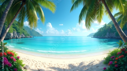 Tropical Beach Paradise: "A beautiful tropical beach with white sand and clear turquoise water, framed by swaying palm trees and colorful flowers, under a bright blue sky; peaceful and inviting, 4K