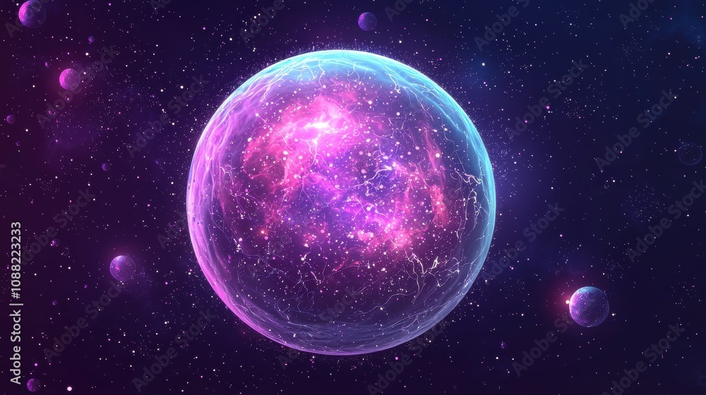Fototapeta premium Ethereal Cosmic Sphere Surrounded by Colorful Nebula and Planets in Deep Space, Capturing the Vast Beauty of the Universe in Vibrant Hues of Pink and Blue