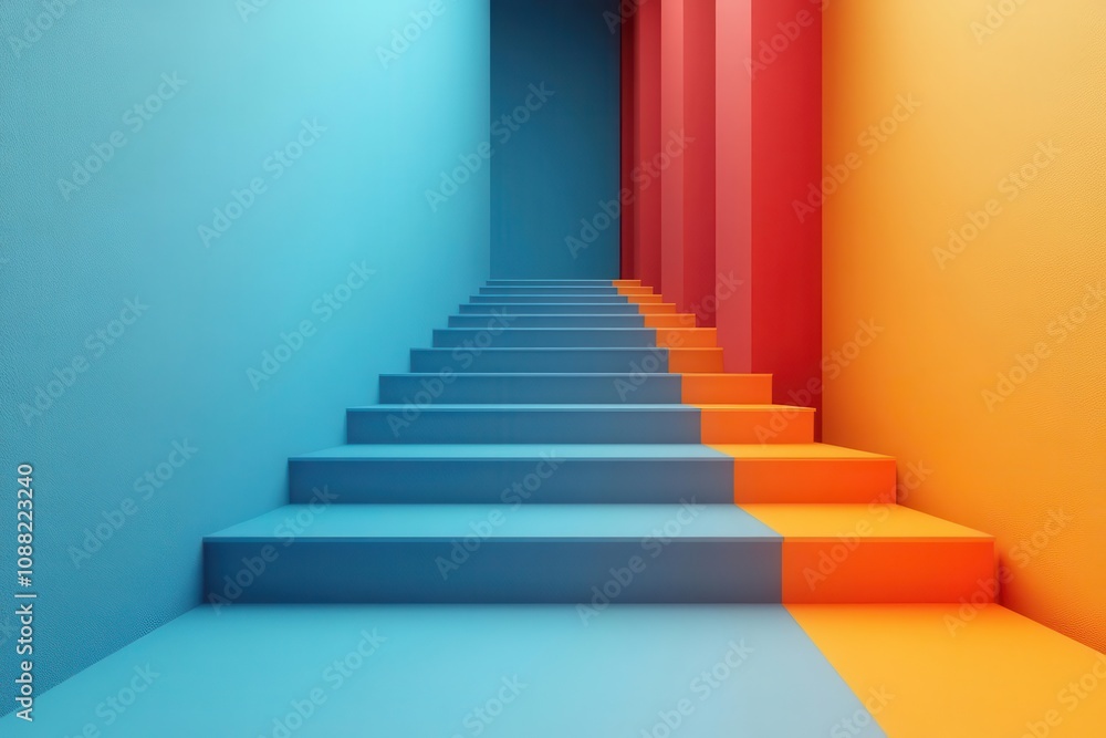 Fototapeta premium A vibrant staircase featuring blue and orange hues, leading toward a colorful wall, creating a modern and artistic ambiance.