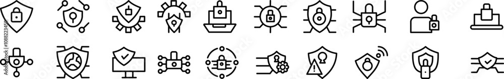A comprehensive set of cybersecurity and data protection icons in a minimalist line-art style. Includes shields, locks, networks, and warning symbols. Perfect for tech and security projects. A comprehensive set of cybersecurity and data protection icons in a minimalist line-art style. Includes shields, locks, networks, and warning symbols. Perfect for tech and security projects.
