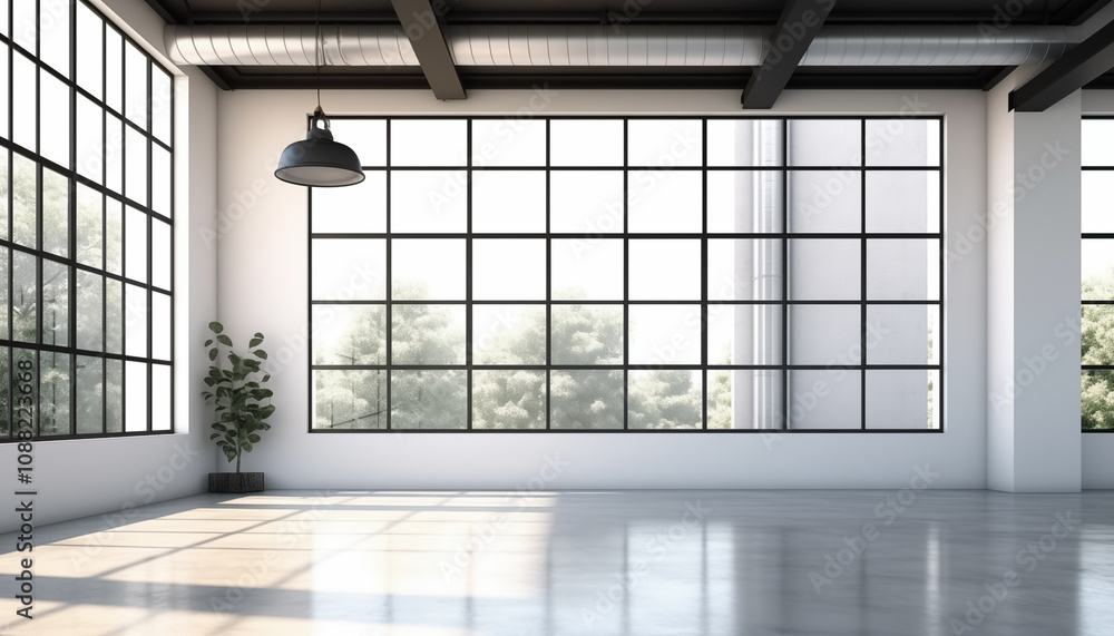 Empty Industrial Loft Interior White Walls Large Windows Concrete Floor Empty Industrial Loft Interior White Walls Large Windows Concrete Floor