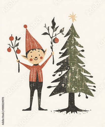Vintage Elf Holding Branches with Christmas Tree