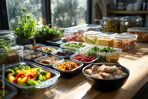 A variety of fresh ingredients arranged in containers for meal preparation.