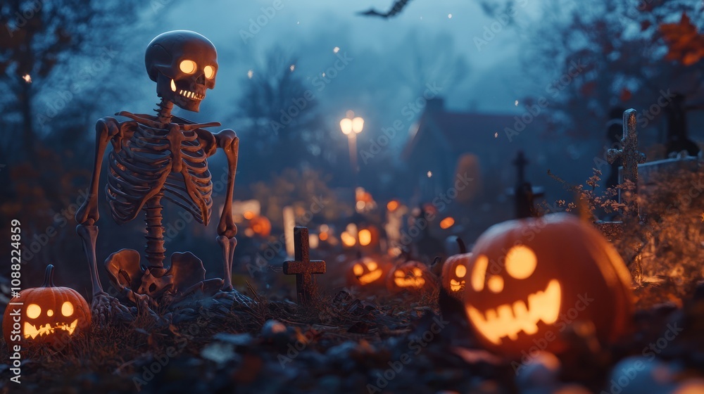 A spooky Halloween scene featuring a skeleton, glowing pumpkins, and a graveyard. A spooky Halloween scene featuring a skeleton, glowing pumpkins, and a graveyard.