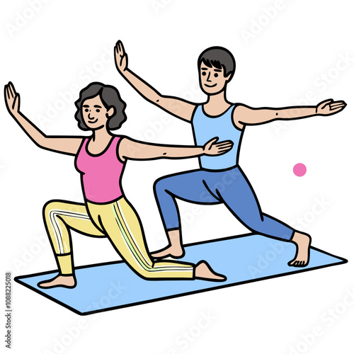 Partnered Yoga: A couple stretches together in a yoga pose, demonstrating flexibility, balance, and connection.  