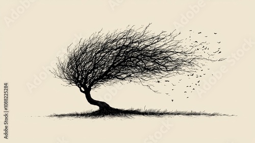 Artistic Illustration of a Windswept Tree with Exposed Roots and Birds Flying Away, Capturing the Essence of Nature's Resilience and Beauty in a Minimalist Style