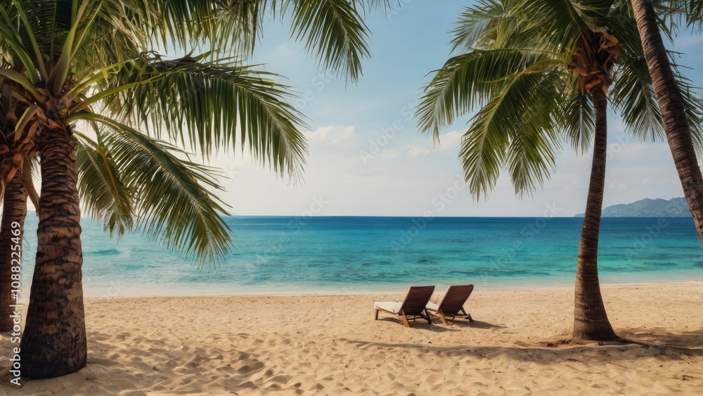 Summer Resort Beach Sea Relax Travel Vacation Palm Tropic Copy Space Banner Background Hotel - generative ai Summer Resort Beach Sea Relax Travel Vacation Palm Tropic Copy Space Banner Background Hotel - generative ai