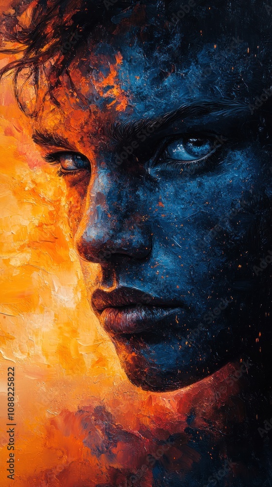 A dramatic portrait of a person against a fiery background. A dramatic portrait of a person against a fiery background.
