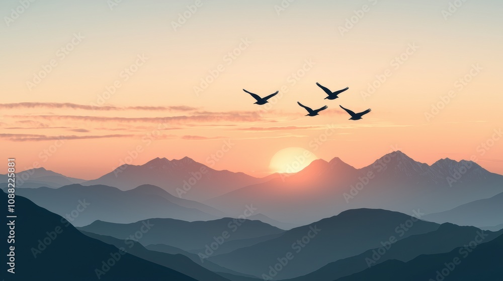 Naklejka premium Serene Sunrise Over Majestic Mountains with Silhouetted Birds Flying in the Soft Light of Dawn, Capturing the Beauty of Nature’s Tranquility and Freedom