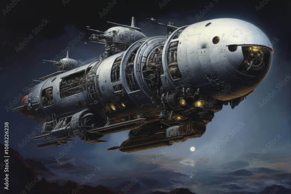 Obraz premium Spectacular Spaceship Flight Over a Massive Moon