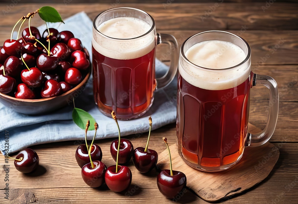 A mug and bottle of cherry beer or cider on a wooden table with fresh cherries surrounding it A mug and bottle of cherry beer or cider on a wooden table with fresh cherries surrounding it