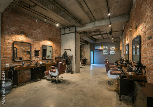 interior of barbershop, industrial concept with red brick on the walls