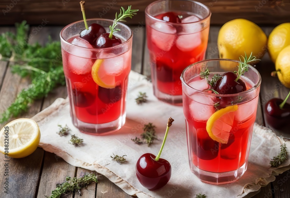 custom made wallpaper toronto digitalA glass of cherry lemonade with a sprig of thyme and ice cubes, with a rustic background.