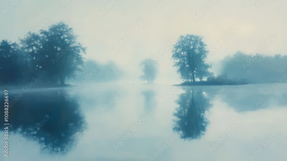 Misty morning lake with tree reflections. Misty morning lake with tree reflections.