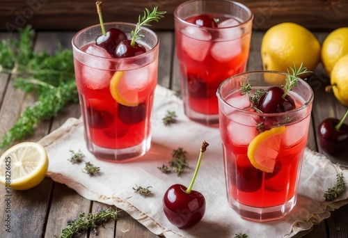 Wallpaper Mural A glass of cherry lemonade with a sprig of thyme and ice cubes, with a rustic background. Torontodigital.ca