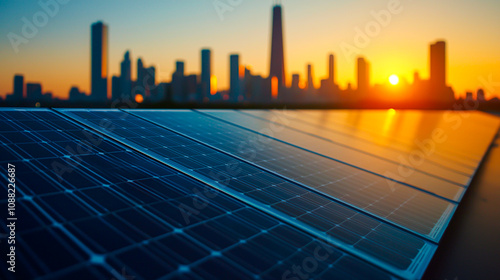 Solar Panels with City Skyline at Sunset