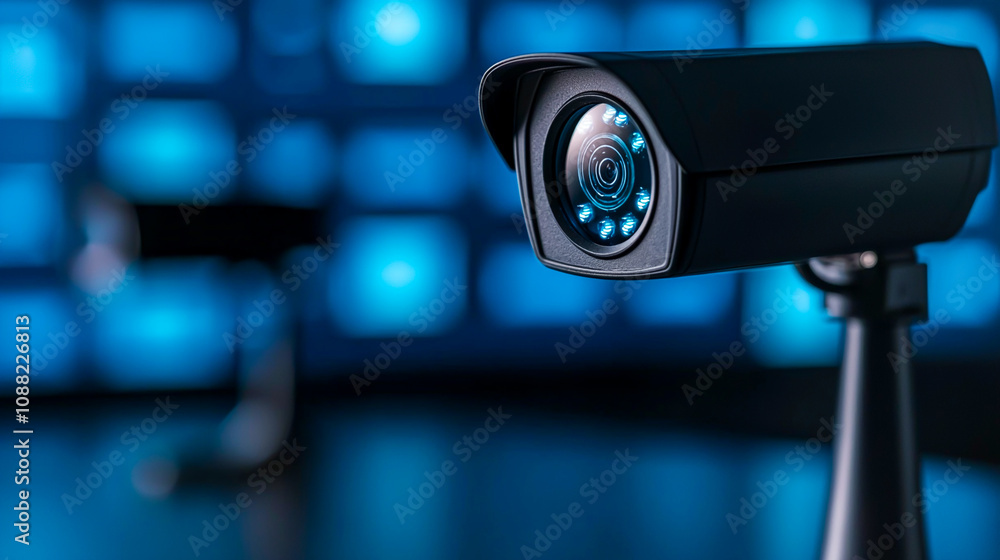 Modern Security Camera with Blue Background Lighting Modern Security Camera with Blue Background Lighting