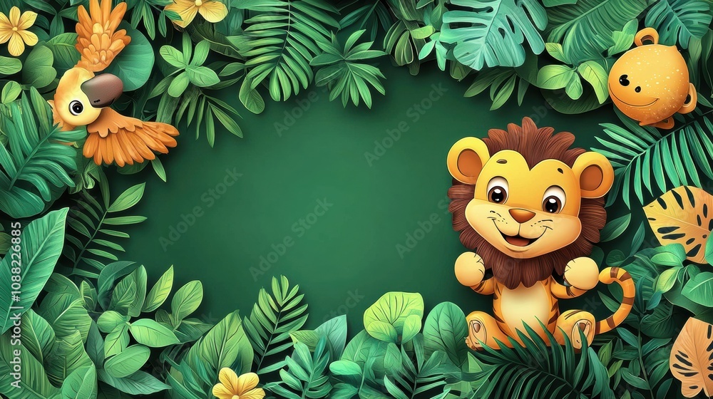Fototapeta premium Colorful Jungle Scene with a Happy Lion and Vibrant Tropical Foliage Featuring Playful Animal Characters and Lush Green Background for Kids' Design