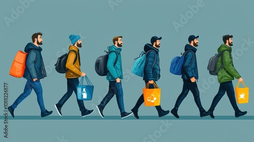 Group of Stylish Men Walking with Bags, Illustrating Modern Fashion and Everyday Life, Showcasing Various Backpacks and Shopping Totes in a Trendy Urban Setting