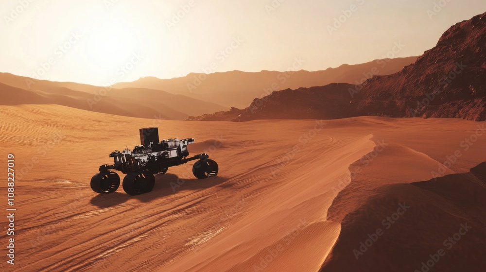 Fototapeta premium A robotic guide leading expeditions through Martian landscapes, extraterrestrial and exploratory setting with red dunes and Martian rovers, Martian Expedition Robotics style