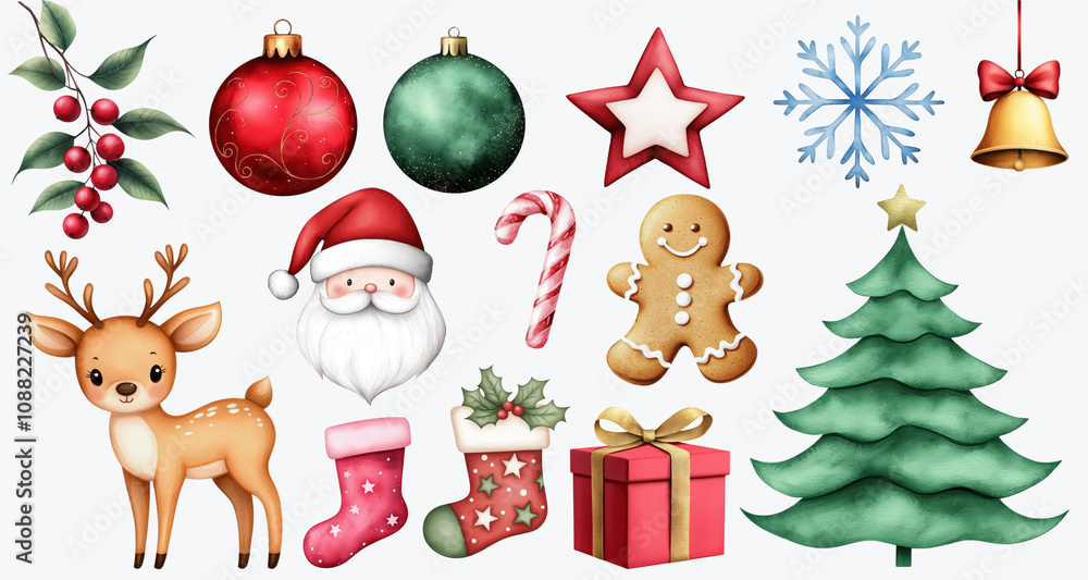 Watercolor Christmas element collection with Santa, reindeer, tree, ornaments, candy cane, gingerbread, gifts, stockings, bell, snowflake, and holly clipart Watercolor Christmas element collection with Santa, reindeer, tree, ornaments, candy cane, gingerbread, gifts, stockings, bell, snowflake, and holly clipart