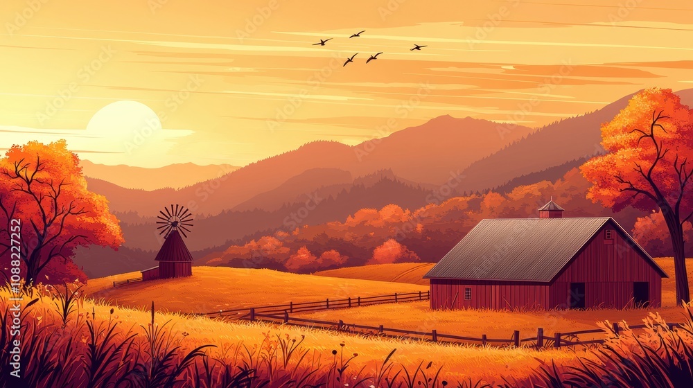 Serene Autumn Landscape with Red Barn, Golden Fields, and Vibrant Trees Against Mountains Under a Warm Sunset Sky with Flying Birds Serene Autumn Landscape with Red Barn, Golden Fields, and Vibrant Trees Against Mountains Under a Warm Sunset Sky with Flying Birds