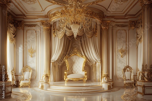 A lavish throne room adorned with gold and silver accents, featuring plush velvet armchairs around an opulent golden throne, surrounded by intricately carved columns and intricate patterns on the wall