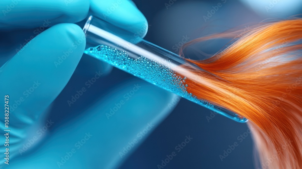 A gloved hand holds a test tube with blue liquid and orange hair strands, suggesting a scientific experiment. A gloved hand holds a test tube with blue liquid and orange hair strands, suggesting a scientific experiment.