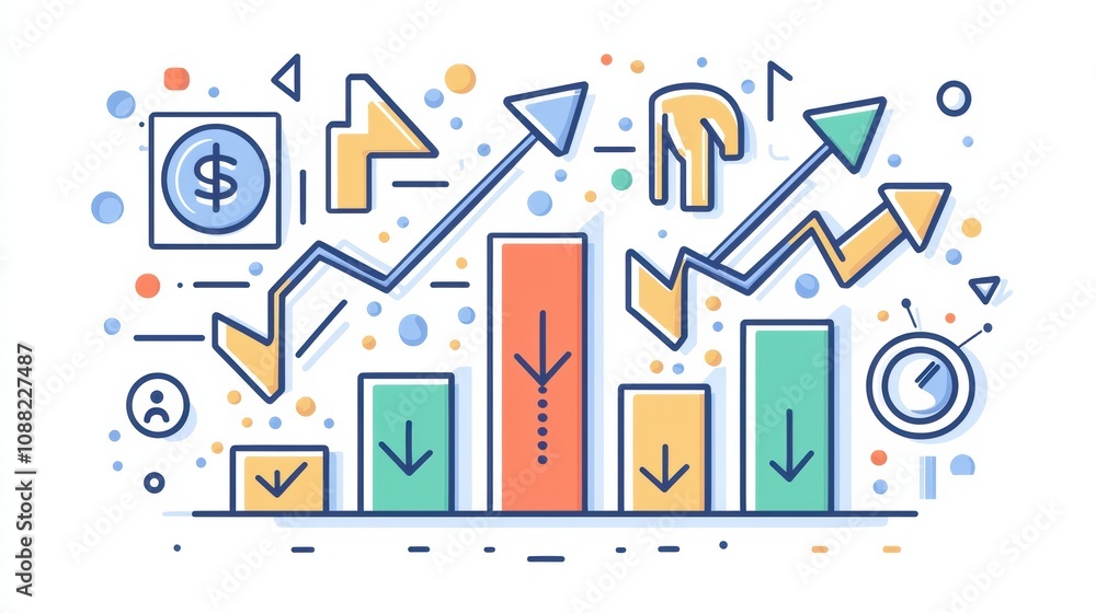 Colorful Infographic of Financial Trends with Increasing and Decreasing Graphs, Arrows, and Icons Representing Economic Growth and Market Analysis Colorful Infographic of Financial Trends with Increasing and Decreasing Graphs, Arrows, and Icons Representing Economic Growth and Market Analysis