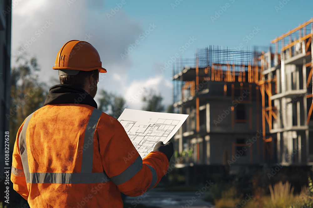 Construction worker inspecting housing estate plans residential area photography urban environment action concept for seo impact Construction worker inspecting housing estate plans residential area photography urban environment action concept for seo impact