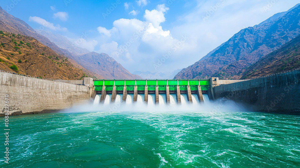Vibrant Hydroelectric Dam in Mountainous Landscape Vibrant Hydroelectric Dam in Mountainous Landscape