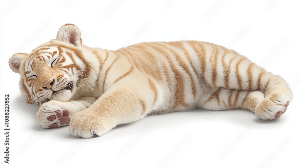 Obraz premium Ethereal White Tiger Resting Peacefully on a Soft Surface, Showcasing its Unique Creamy Fur and Intricate Stripes While Exuding a Sense of Calm and Serenity