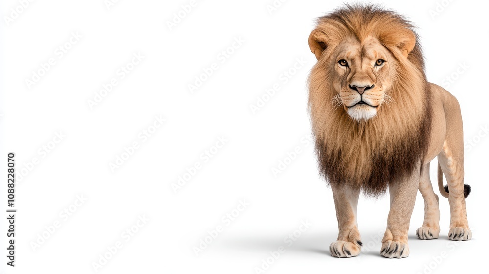 Fototapeta premium Realistic Lion Portrait on a White Background Showcasing Majestic Features and Vibrant Mane, Ideal for Nature and Wildlife Themes in Stock Photography