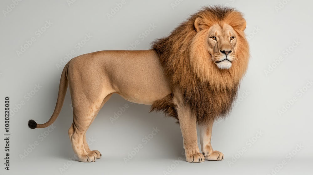 Obraz premium Majestic and Powerful Lion Standing Proudly Against a Minimalistic Background Showcasing its Impressive Mane and Bold Stature in Stunning Detail for Wildlife Photography Enthusiasts
