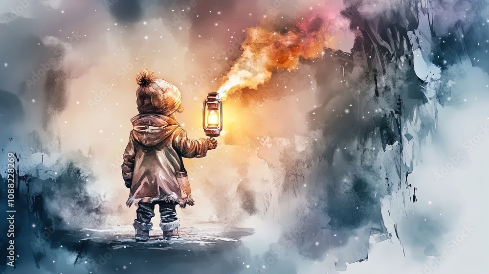 Obraz premium Illuminating Winter Dreams: A Child with a Lantern in a Snowy Wonderland – Perfect Poster for Cozy Spaces and Sports Interiors